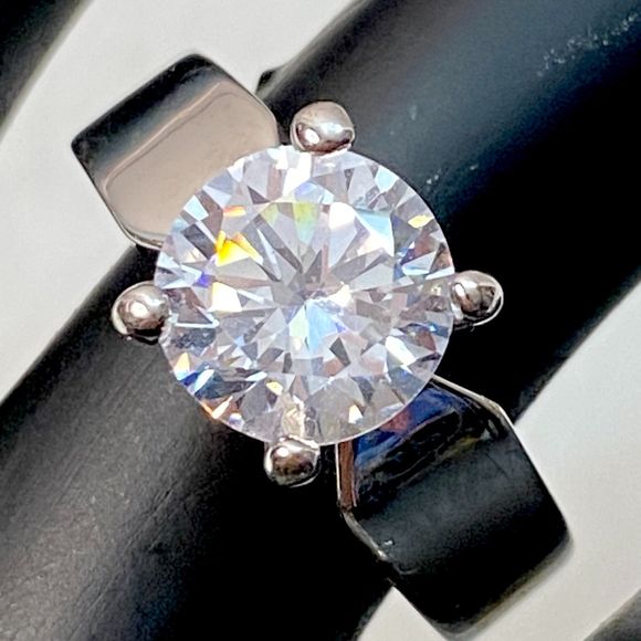 Classic Engagement Ring Faux Diamond Prong Setting Silver Tone - Picture 1 of 9